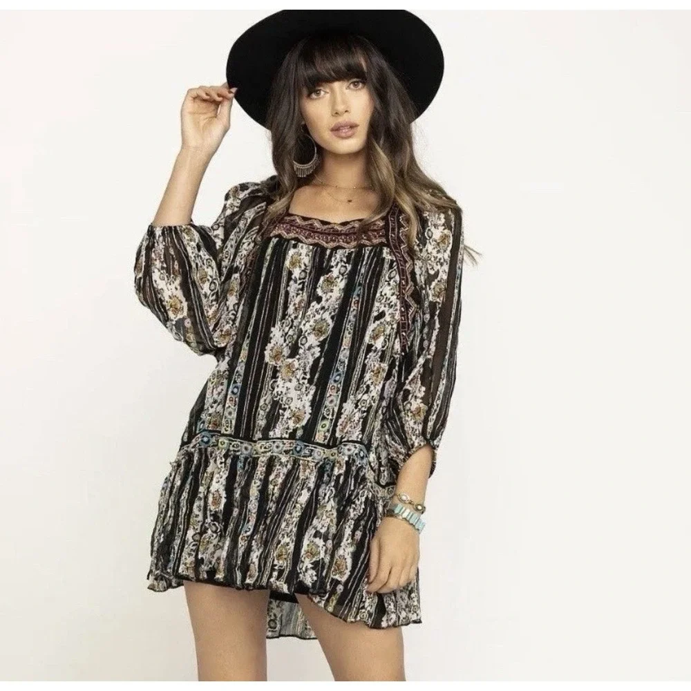 Free People Dance Magic Dress Womens Large Metallic Floral Oversized Embroidered